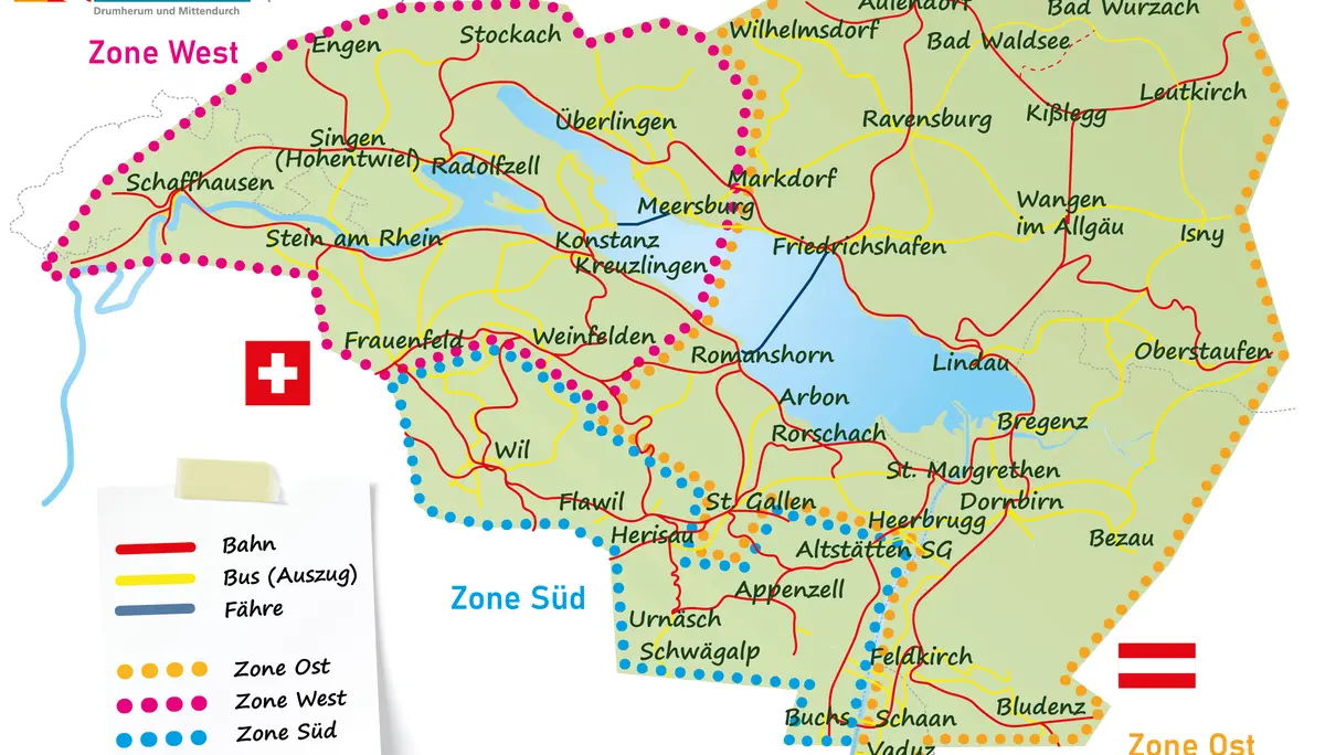 Zonenplan des Bodenseetickets mit den drei Zonen rund um den Bodensee | © 4 Länder Mobil