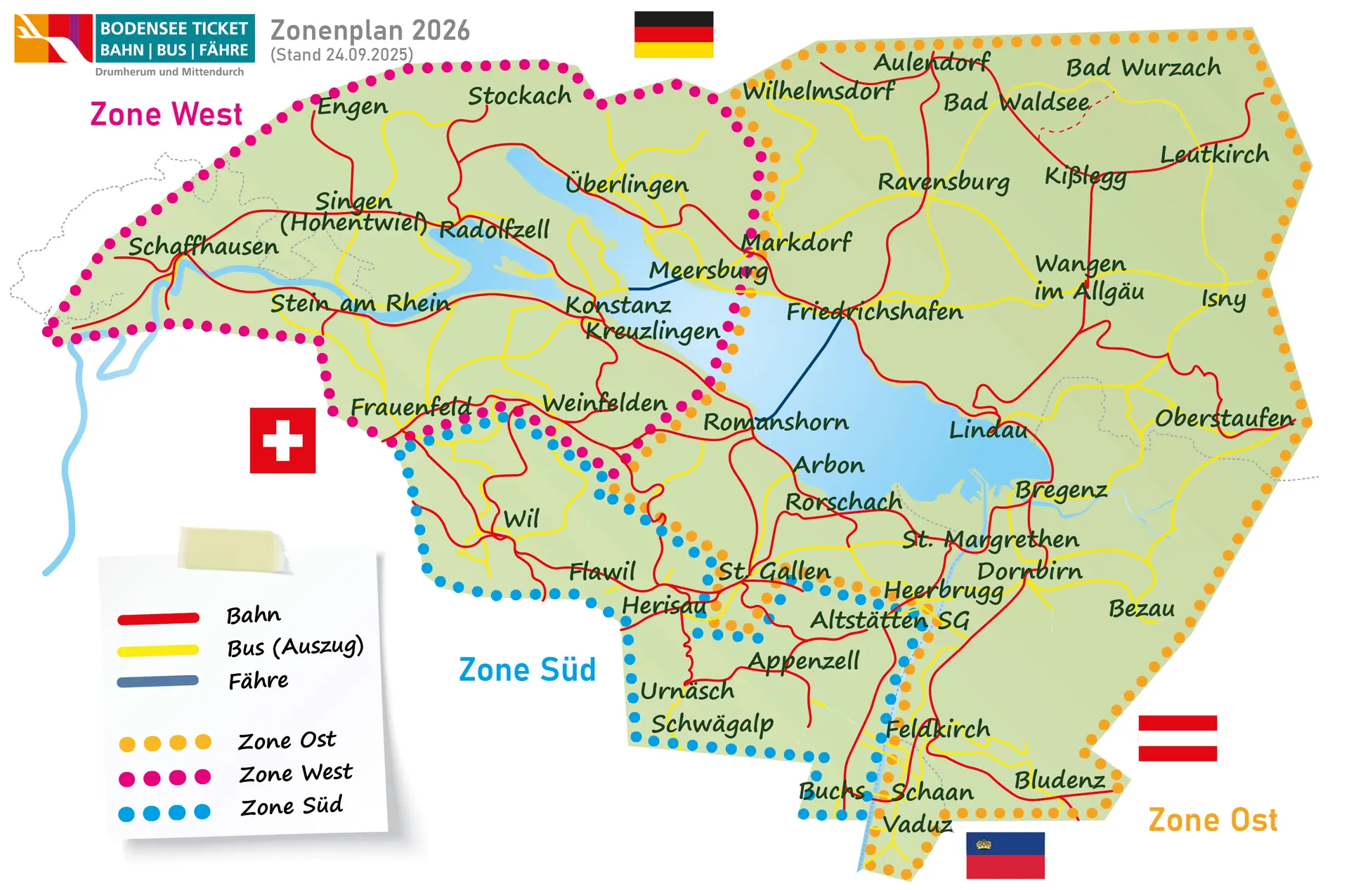 Zonenplan des Bodenseetickets mit den drei Zonen rund um den Bodensee | © 4 Länder Mobil