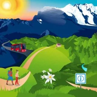 Illustration, die klimafreundlichen Bergsport zeigt, wandernde Menschen und ÖPNV-Anreise zum Berg. | © Marmota Maps / DAV
