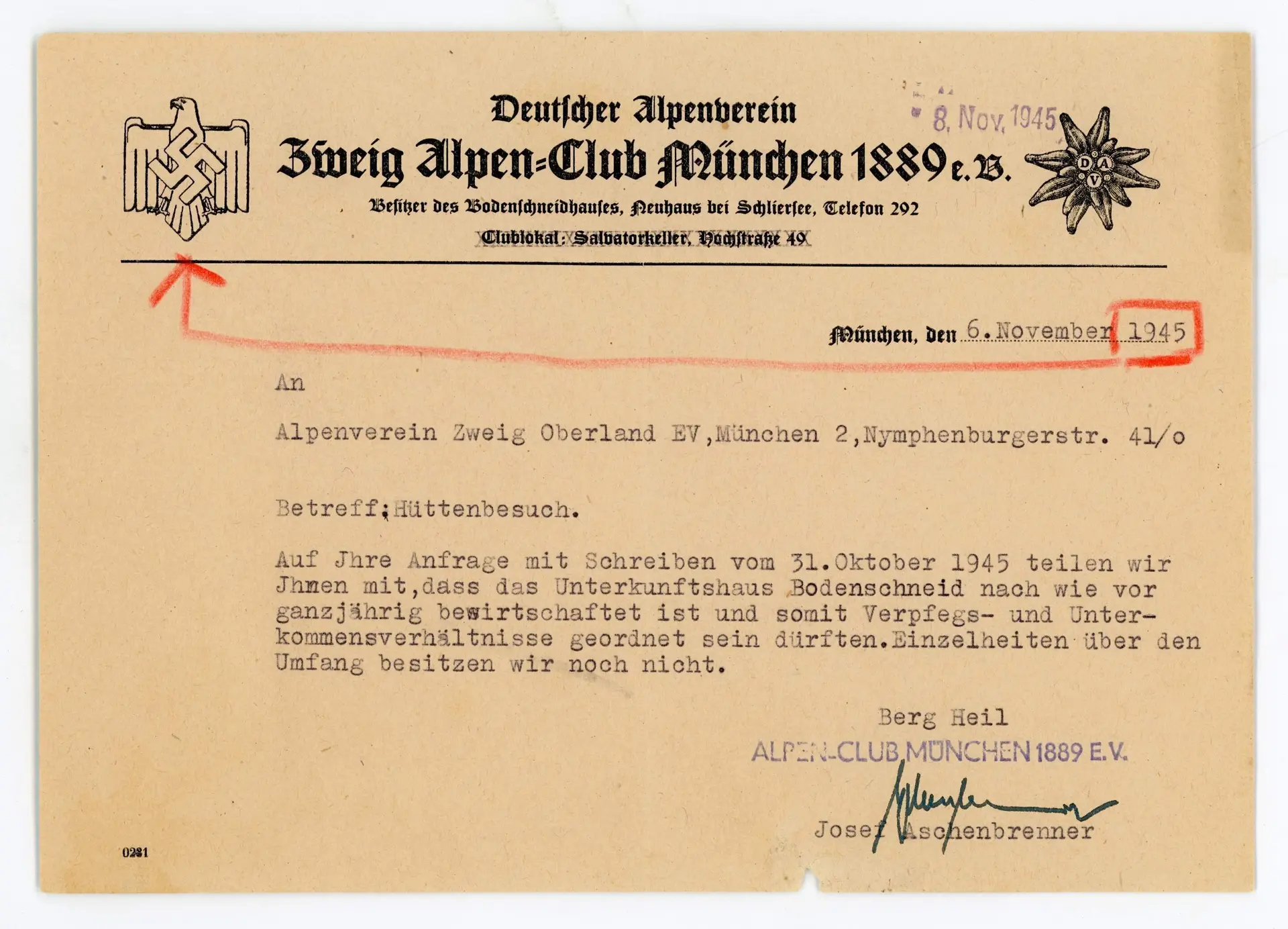 Briefkopf des Alpenvereins war ein halbes Jahr nach dem offiziellen Kriegsende noch mit Hakenkreuz versehen. | © DAV / Archiv